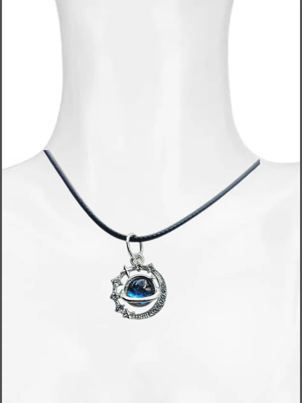 Silver Planet Pendant w/ Blue Glass Orb & Cord Necklace NWOT